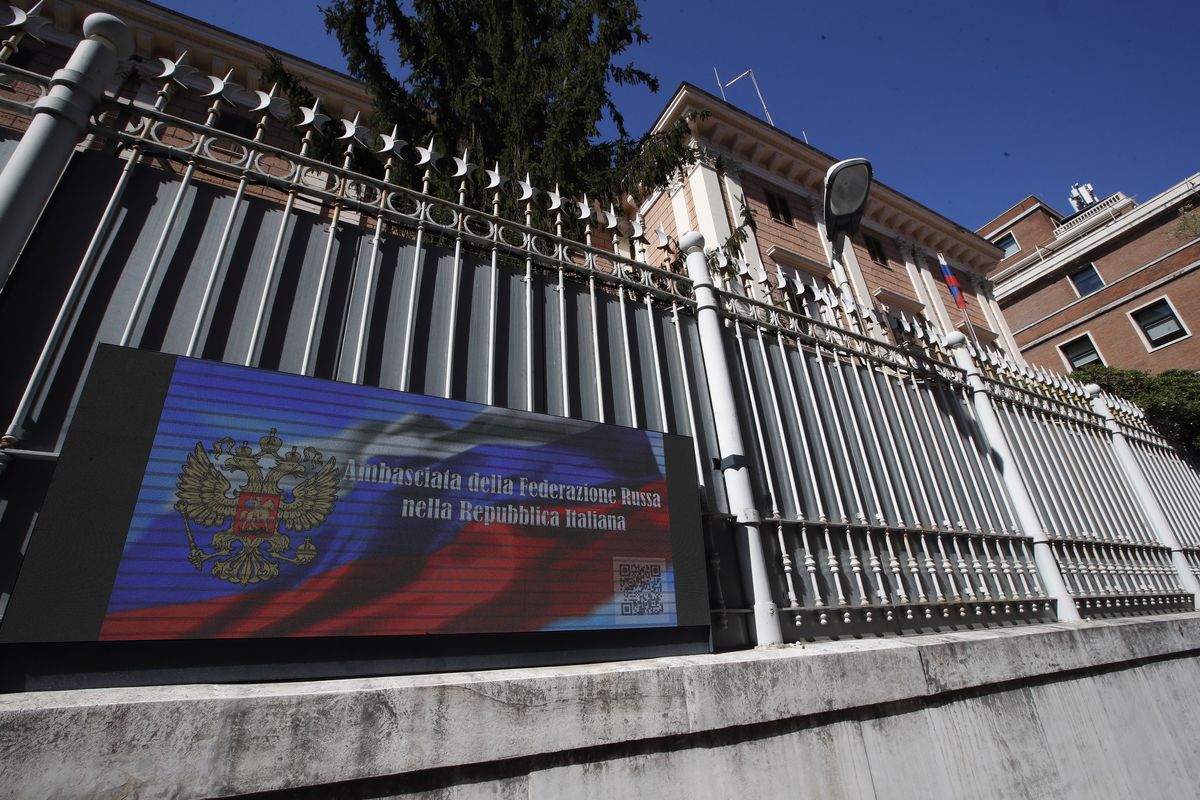 A view of the Russian Embassy in Rome, Wednesday, March 31, 2021. Italy has ordered two Russian Embassy officials expelled and arrested an Italian Navy captain on spying charges after police caught the Italian allegedly giving classified documents to one of the Russians in exchange for money.  (Alessandra Tarantino)