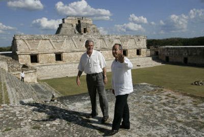 
President Bush tours the Uxmal ruins Tuesday with Mexican President Felipe Calderon.
 (Associated Press photos / The Spokesman-Review)