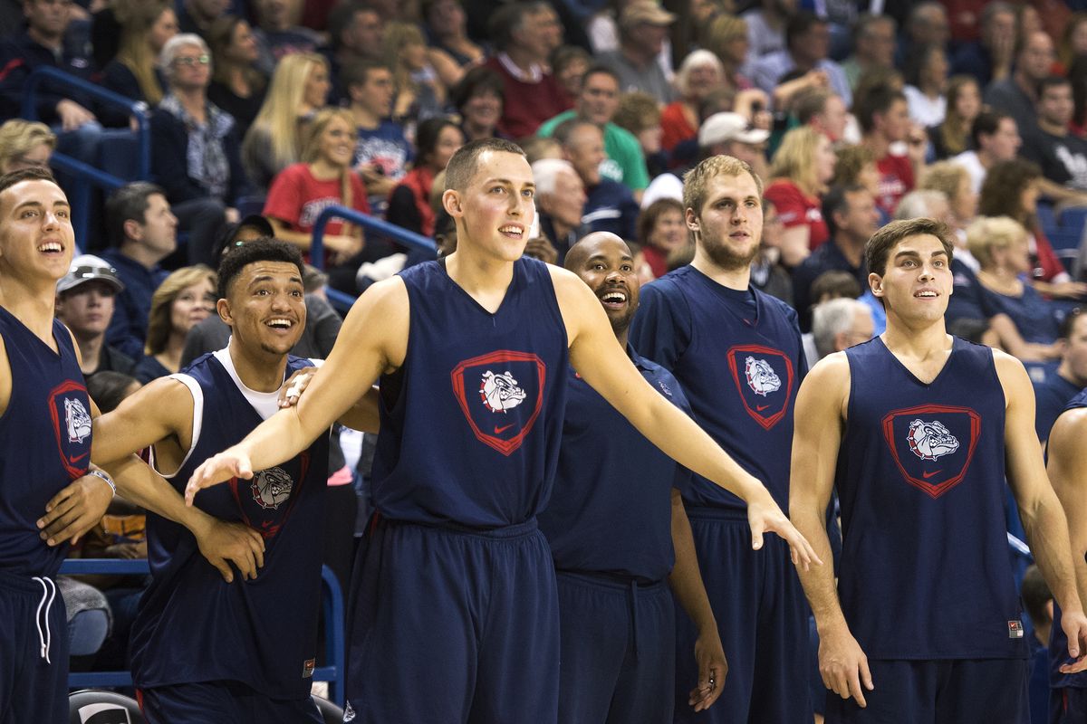 Gonzaga’s Kyle Witjer may experience a few butterflies during Friday’s season opener, but he was all smiles watching Kraziness in the Kennel with his teammates. (Dan Pelle)