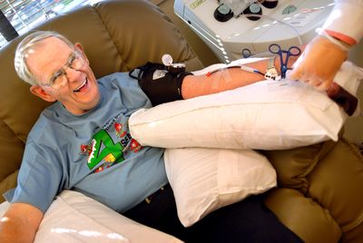 Al Whitney, 71,  is on a mission to donate platelets in all 50 states. He donated at the Inland Northwest Blood Center in Spokane on Tuesday. (Brian Plonka / The Spokesman-Review)