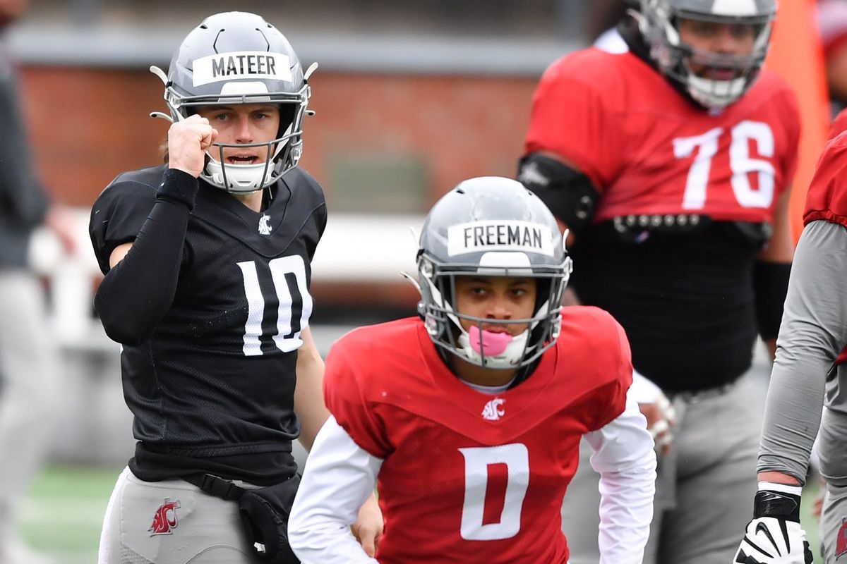 Washington State quarterback John Mateer calls a play during the Cougars’ first spring scrimmage on April 6 at Gesa Field in Pullman.  (Tyler Tjomsland/The Spokesman-Review)