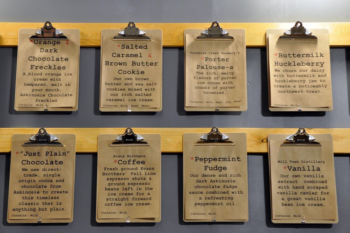 The menu of ice cream flavors at Panhandle Cone and Coffee in Moscow is on click boards attached to the wall. (Adriana Janovich / The Spokesman-Review)