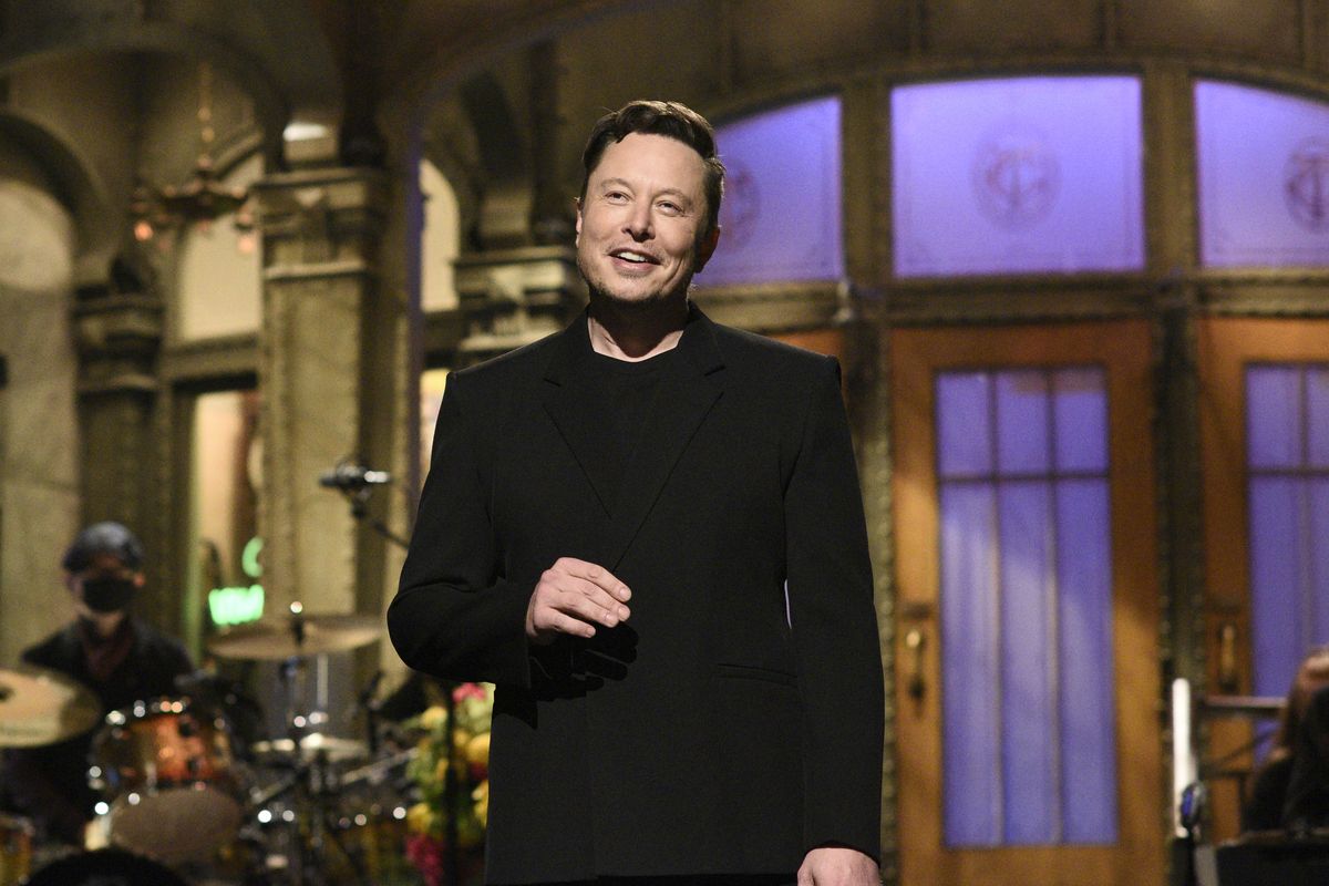 Elon Musk delivers his opening monologue on “Saturday Night Live” in New York on Saturday.  (Associated Press)