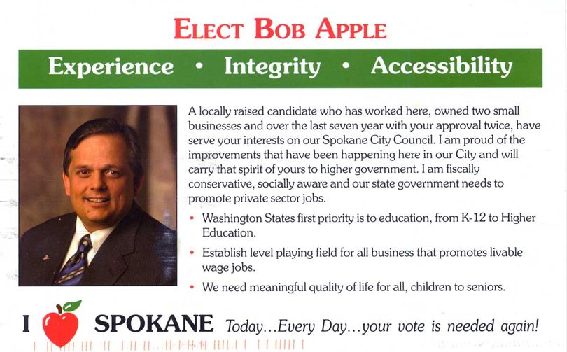 Campaign mailer from City Councilman Bob Apple, who is running for a state House seat representing the 3rd Legislative District. It was mailed in time for the August 2010 primary.