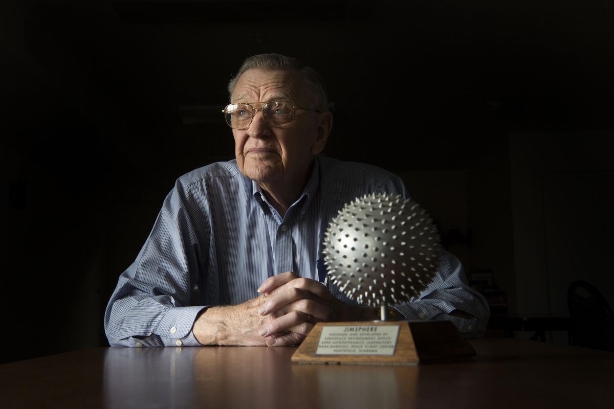 Retired NASA scientist James Scoggins poses for a photo with a model  wind monitor he developed during the space race, known as the Jimsphere on  March 25 at Evergreen Fountains in Spokane Valley, Wash. (Tyler Tjomsland / The Spokesman-Review)