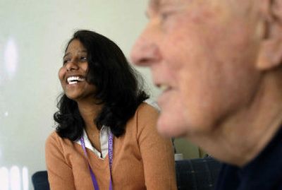 
Sacred Heart resident physician, Prashanthi Ganathi, shares a laugh with Hospice patient, Bill Hutchins, 88, at his home in Spokane. Ganathi is the second Sacred Heart resident to get hospice training as part of a new program started by Hospice of Spokane. 
 (Photos by Jed Conklin / The Spokesman-Review)
