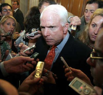 
Sen. John McCain, R-Ariz., talks with reporters Tuesday on Capitol Hill  about changes to his campaign staff.Associated Press
 (Associated Press / The Spokesman-Review)