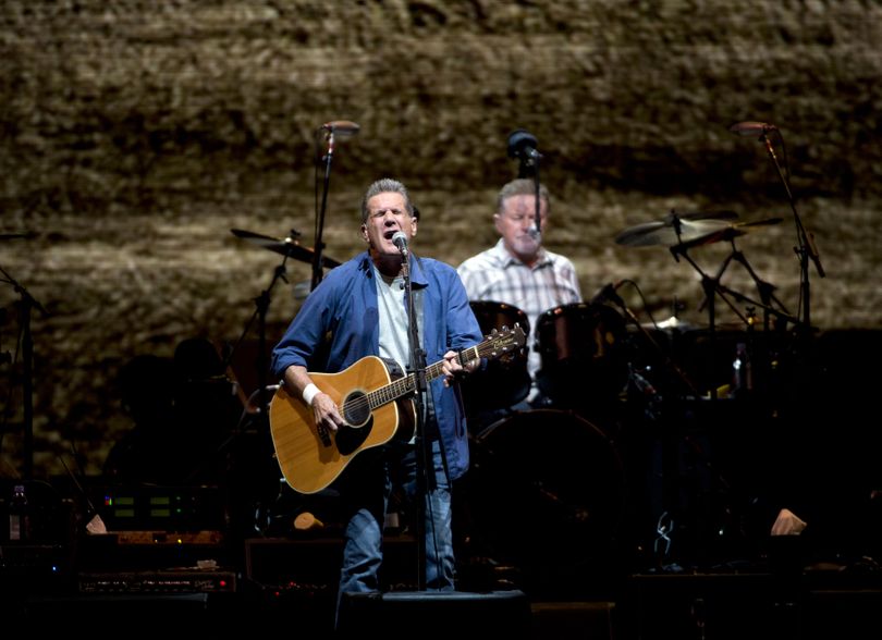 Eagles Glenn Frey, left, and Don Henley entertain the Spokane Arena crowed with “Doolin-Dalton” from their second album “Desperado,” May 29, 2015, at  the Spokane Arena. (The Spokesman-Review)