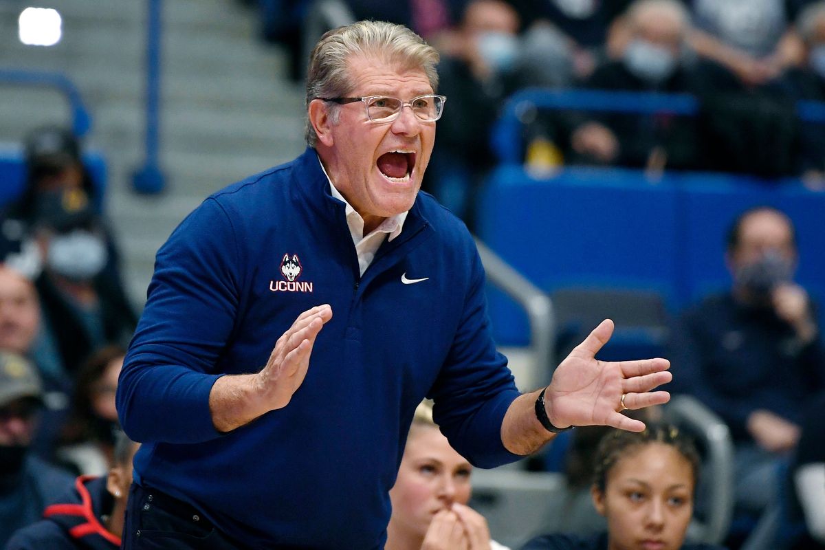 Connecticut head coach Geno Auriemma reacts in the first half of an NCAA college basketball game against Arkansas, Sunday, Nov. 14, 2021, in Hartford, Conn.  (Jessica Hill)