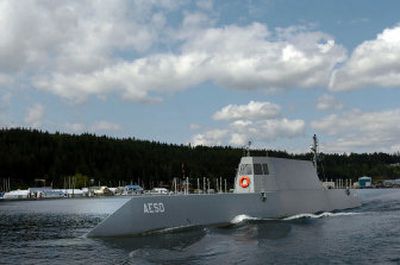 
The Sea Jet, a scaled-down Navy prototype warship, knifes through the waters of Lake Pend Oreille on Friday. The ship, powered by electric motors and jet drives, is being used to test radar stealth, propulsion systems and hull shapes that may be used on future ships. 
 (Photos by Jesse Tinsley / The Spokesman-Review)