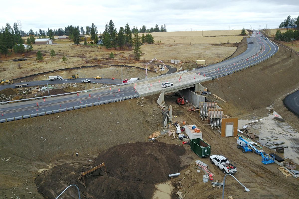 Forker Road now travels on an overpass above Bigelow Gulch Road, shown Friday, Oct. 26, 2018. The former T-intersection has now aligned Bigelow Gulch Road and E. Brevier Road, which passed under an overpass that carries Forker Road above the former intersection where there were a number of serious collisions over the years. (Jesse Tinsley / The Spokesman-Review)