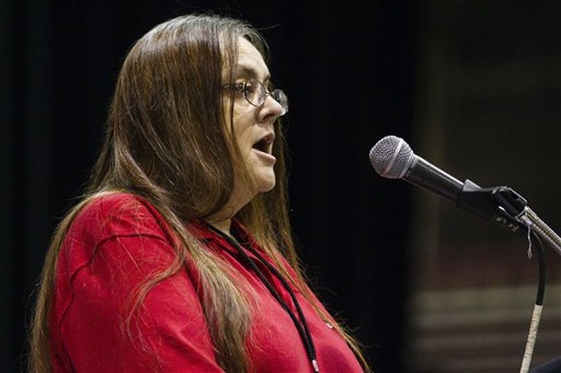 State Rep. Shannon McMillan campaigns for state party secretary at the Idaho GOP convention on Saturday; she lost to incumbent Marla Lawson. (AP / Otto Kitsinger)