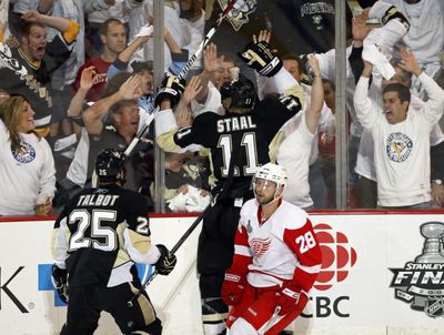 Pittsburgh’s Jordan Staal celebrates after his second-period goal erased Detroit’s 2-1 lead.  (Associated Press / The Spokesman-Review)