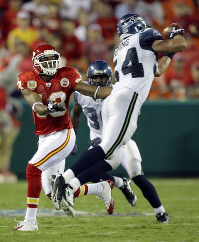 Seahawks linebacker Will Herring (54), intercepting a Chiefs pass in preseason, will see more action Sunday.  (Associated Press / The Spokesman-Review)