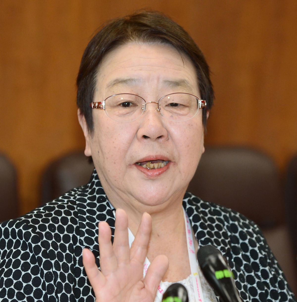 Tomoko Nakagawa, mayor of Takarazuka City, speaks to media in Takarazuka, Friday April 6, 2018. A female mayor in western Japan has protested sumo’s male-only tradition in her speech she was forced to make outside of the ring – unlike her male counterparts who go inside – seeking a change. (Yoshihiko Imai / Associated Press)