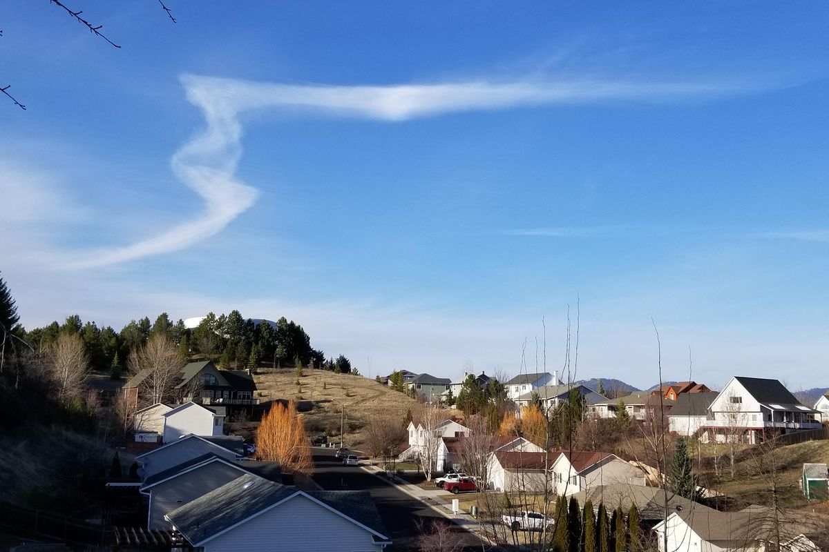 Squiggly cloud: This unusual zigzag in the sky above Moscow, Idaho, on March 22, 2020, appears to be a high-level cirrostratus cloud. (Courtesy of David Johnson / For The Spokesman-Review)
