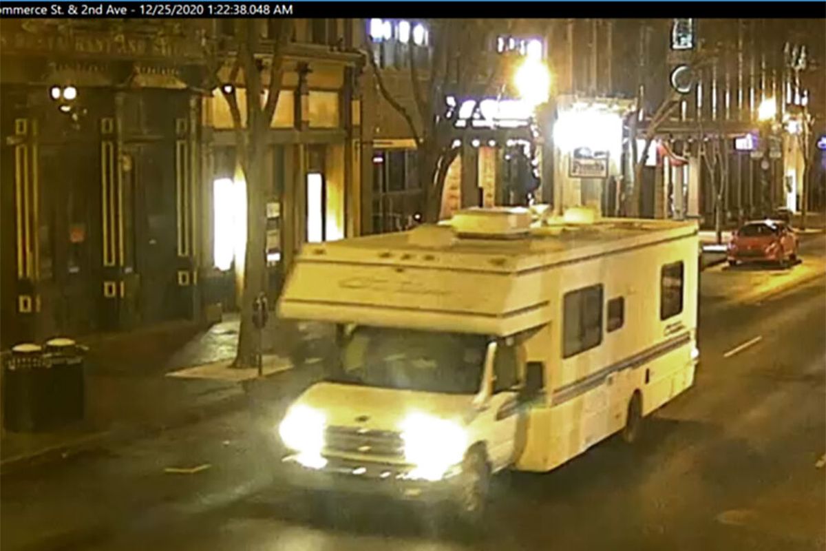This image taken from surveillance video provided by Metro Nashville PD shows a recreational vehicle that was involved in a blast on Friday, Dec. 25, 2020 in Nashville, Tenn. An explosion shook the largely deserted streets early Christmas morning, shattering windows, damaging buildings and wounding some people. Police were responding to a report of shots fired when they encountered a recreational vehicle blaring a recording that said a bomb would detonate in 15 minutes, Metro Nashville Police Chief John Drake said. Police evacuated nearby buildings and called in the bomb squad. (HOGP)
