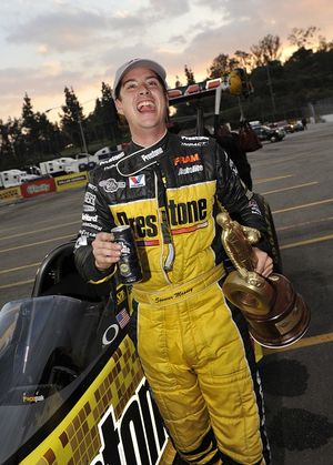 Spencer Massey celebrates his victory in the 2012 NHRA Full Throttle Drag Racing Series season opening event held in Pomona, Calif. (Photo courtesy of NHRA)