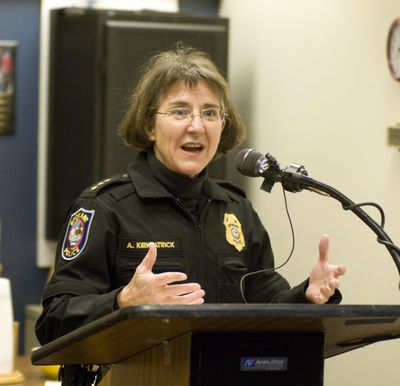 Spokane Police Chief Anne Kirkpatrick speaks at the opening of the new Downtown COPS sub station that opened March 11, 2009. (Colin Mulvany / The Spokesman-Review)