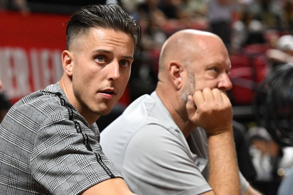 Former Gonzaga standout Zach Collins, now a forward with the San Antonio Spurs, watches his team during an NBA Summer League on July 14 in Las Vegas.  (Tyler Tjomsland / The Spokesman-Review)