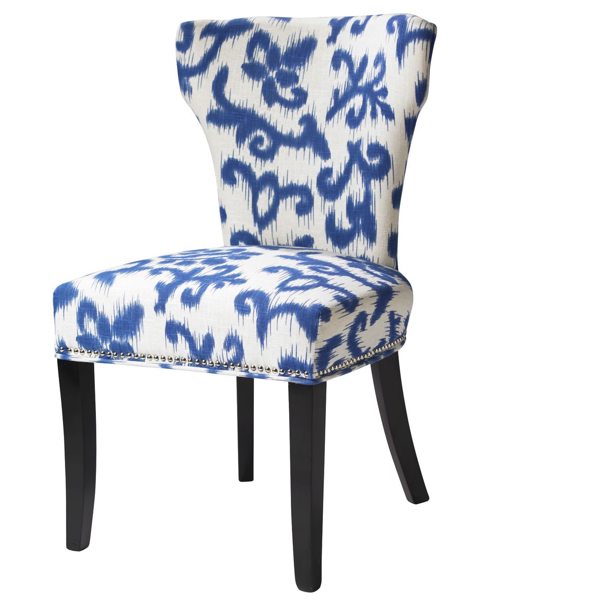 An upholstered chair in a blue and white print from HomeGoods (www.homegoods.com).