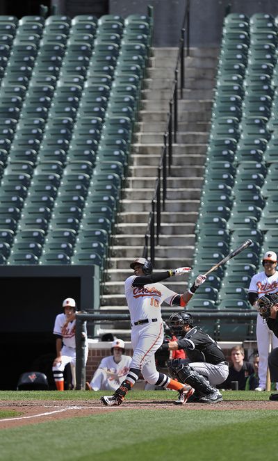 Baltimore’s Adam Jones singles at Camden Yards, which was closed to the public. (Associated Press)