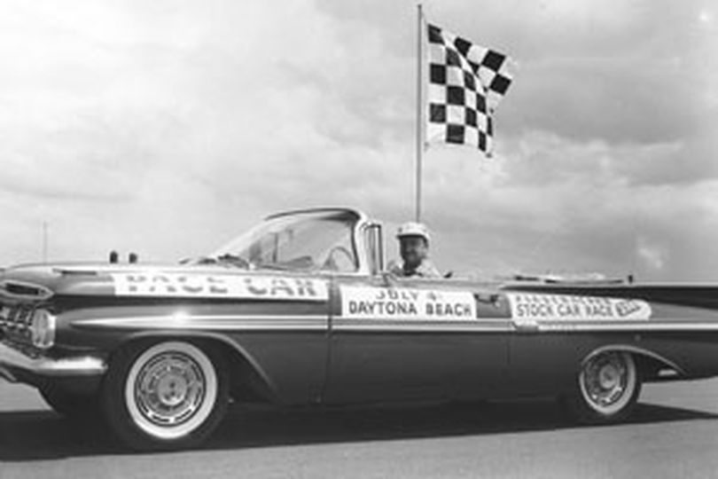 Walter Cronkite mans the wheel of the pace car for the 1959 Firecracker 250 at the Daytona International Speedway in Daytona Beach, Fla. (Photo by RacingOne/Getty Images) (Racingone Racingone / The Spokesman-Review)