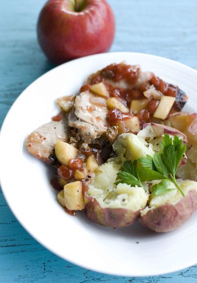 A few ingredients make Mirin Pork Chops with Apple Chutney a tasty weeknight dinner. (Associated Press)