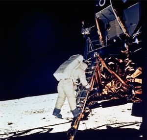 ORG XMIT: NY306   FILE - In this July 20, 1969 file photo,  Astronaut Edwin E. Aldrin, Jr., lunar module pilot, descends steps of Lunar Module ladder as he prepares to walk on the moon.  He had just egressed the Lunar Module.  (AP Photo/NASA, file) (Neil Armstrong / The Spokesman-Review)