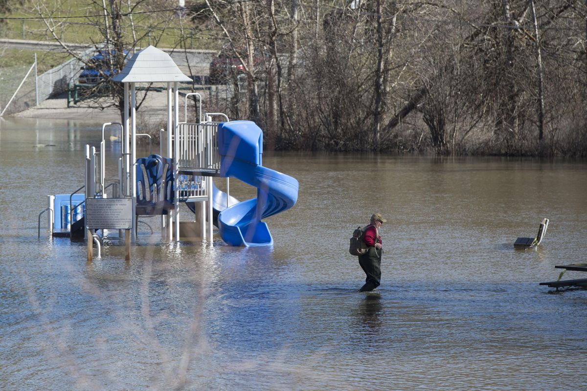 David Burris, of Spokane, walks through flooded Pine River Park in north Spokane on Thursday, March 16, 2017, near the Little Spokane River. Burris said he decided the flooding was a perfect time to test out a pair of secondhand waders and to snap some photos. (Tyler Tjomsland / The Spokesman-Review)