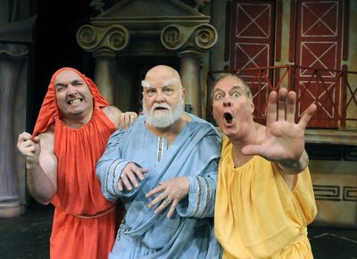 From left, Jerry Sciarrio, George Morrison and Gary Pierce star as Pseudolus, Erronius and Hysterium, respectively, in Spokane Civic Theatre’s production of “A Funny Thing Happened on the Way to the Forum.”  (Dan Pelle / The Spokesman-Review)
