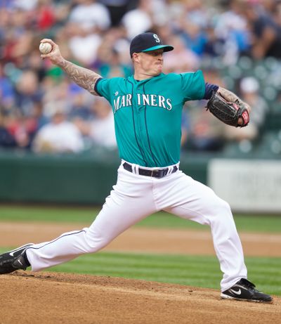 Mariners starting pitcher Jeremy Bonderman picked up his first victory since 2010 when he was with Detroit. (Associated Press)