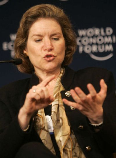 
U.S. Trade Representative Susan Schwab gestures while speaking at the World Economic Forum. 
 (Associated Press / The Spokesman-Review)