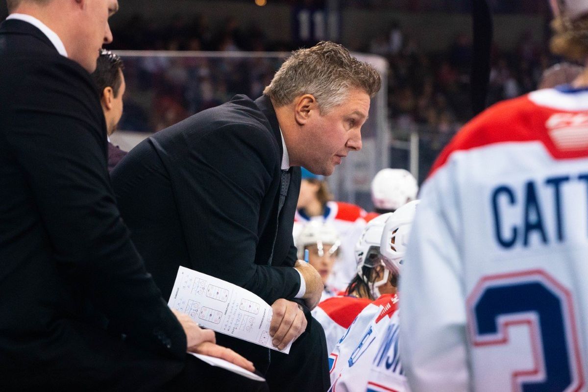 Spokane Chiefs coach Ryan Smith looks on during a game against the Kamloops Blazers on Saturday, Oct. 1, 2022 in the Spokane Arena.  (Courtesy Larry Brunt/Spokane Chiefs)