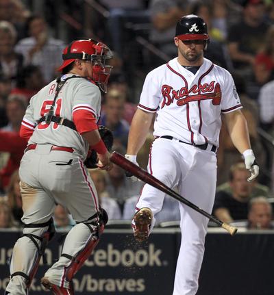 Dan Uggla kicks his bat after striking out during (Associated Press)