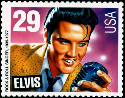 FILE - A Monday, February 24, 1992 file photo shows one of two stamp designs unveiled in Las Vegas, depicting Elvis Presley.  The stamp is one of many exhibits featured at the Smothsonian Institution exhibit showcasing the King of Rock 'n Roll on the 75th anniversary of his birth. 