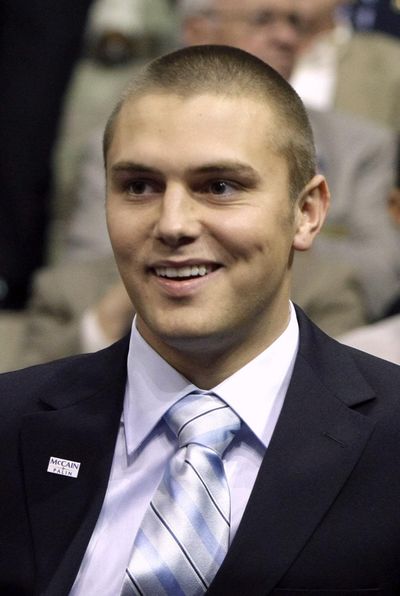FILE - This Sept. 3, 2008, file photo shows Track Palin, son of Alaska Gov. Sarah Palin, during the Republican National Convention in St. Paul, Minn. Track Palin was arrested in a domestic violence case in which his girlfriend was afraid he would shoot himself with an AR-15 assault rifle.