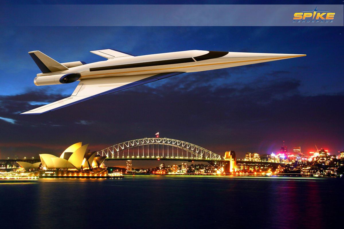 Spike S-512 Supersonic Jet is an 18-passenger plane that would cruise at Mach 1.6 – about 1,200 mph – and could fly from New York to Los Angeles in just over three hours. (Spike Aerospace www.SpikeAerospace.com)