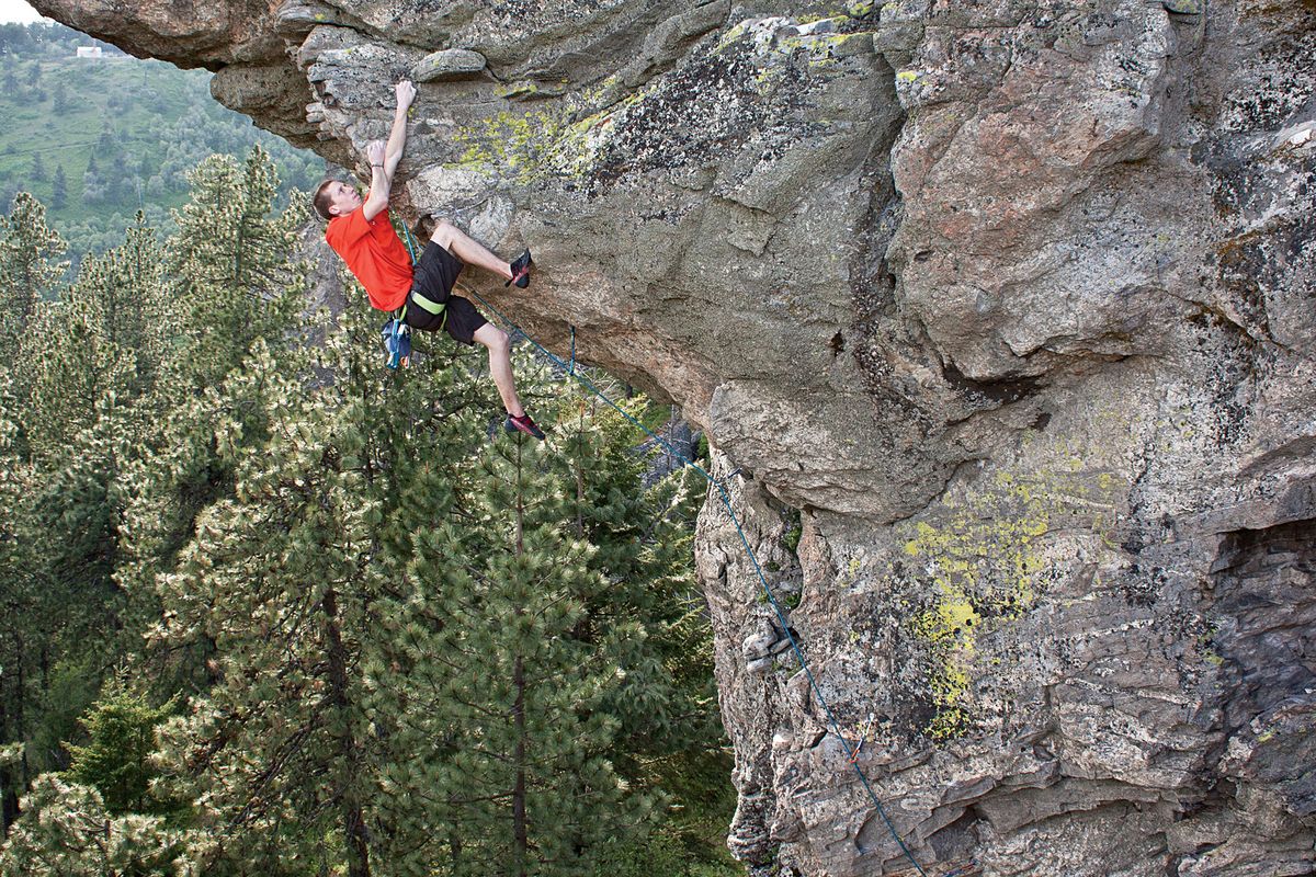 Alex Rice climbs Chronic Rookie, a route on the “Rookie Wall” just south of Big Rock. The route is featured in the new guidebook, “Climbing the Rocks of Sharon.”