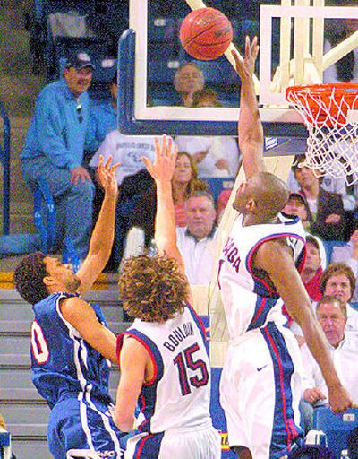 
Gonzaga's Abdullahi Kuso rejects a shot by St. Mary's Dubois Williams. 
 (Dan Pelle / The Spokesman-Review)