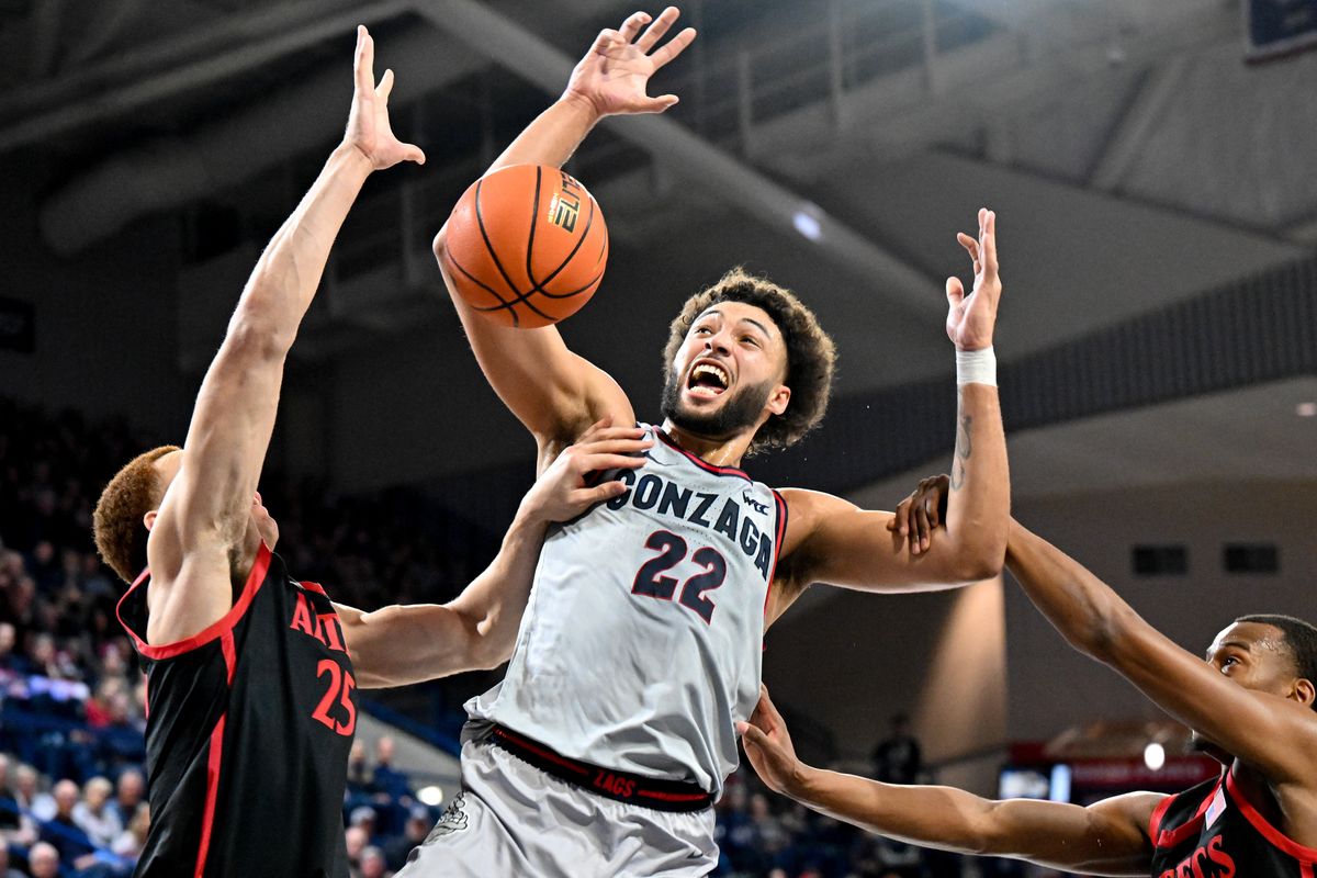 Gonzaga forward Anton Watson draws a foul from San Diego State during the first half of Friday’s nonconference game at McCarthey Athletic Center.  (Tyler Tjomsland/The Spokesman-Review)
