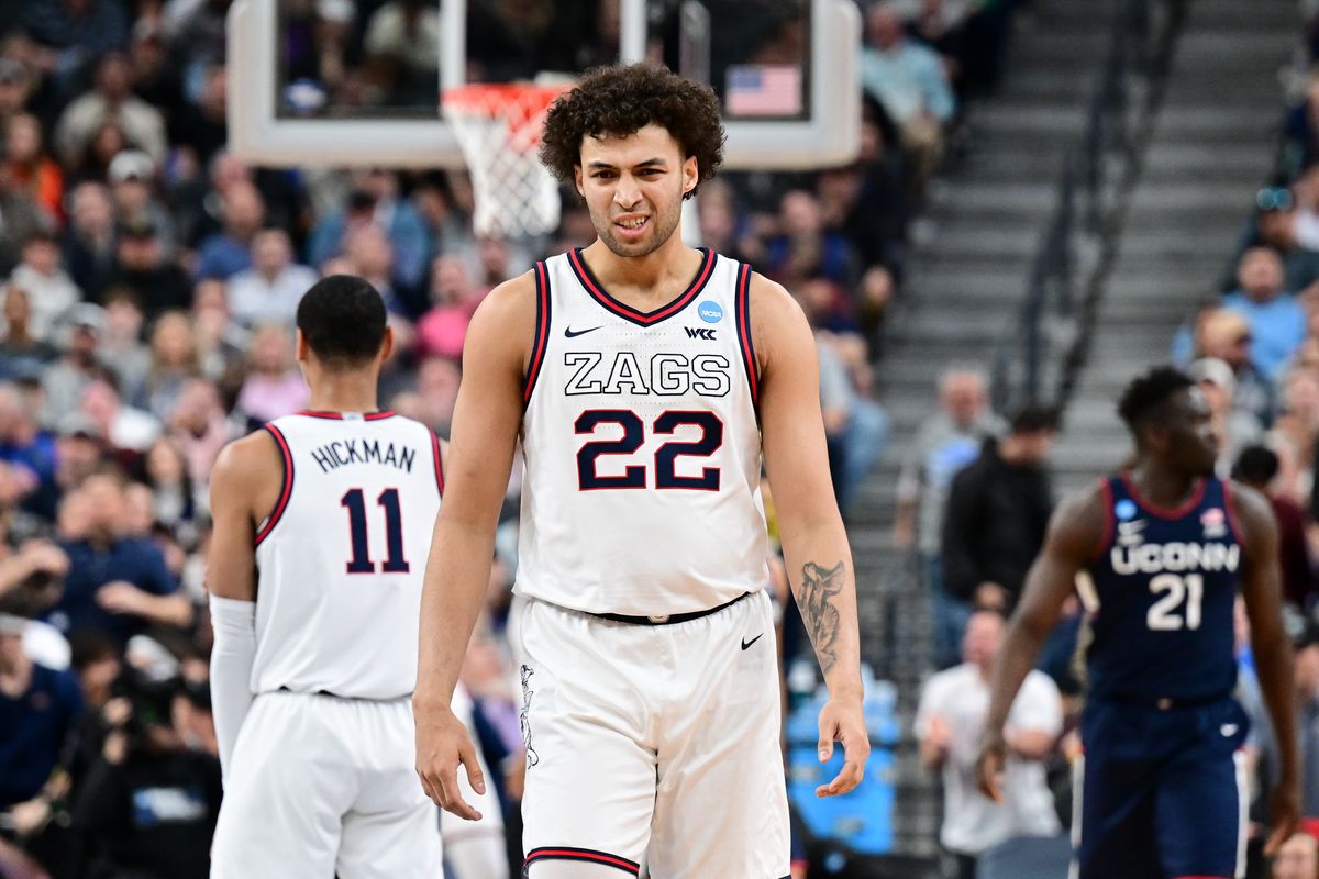 Anton Watson reacts to an early turnover during Gonzaga’s loss to UConn in the Elite Eight last March in Las Vegas.  (By Tyler Tjomsland/The Spokesman-Review)