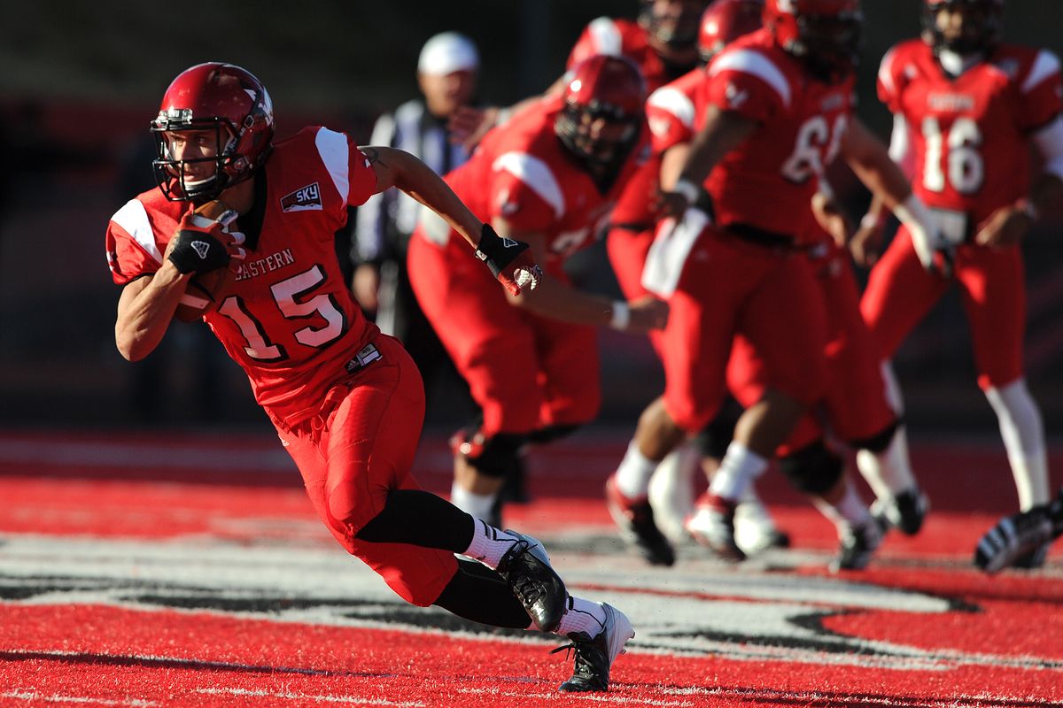 Eastern Washington receiver Ashton Clark sprints downfield in the first half of Saturday’s game in Cheney. (Tyler Tjomsland)