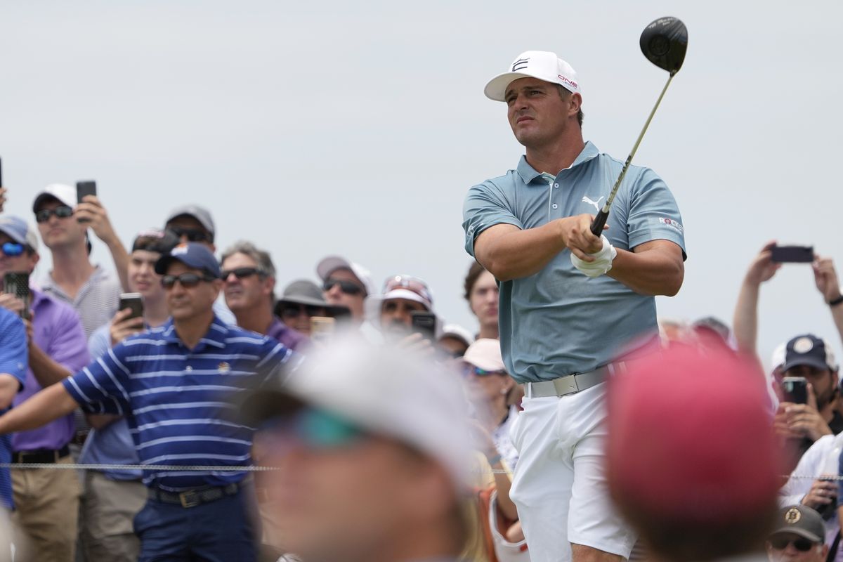 Bryson DeChambeau watches his tee shot during a practice round at the PGA Championship golf tournament Wednesday in Kiawah Island, S.C.  (Associated Press)