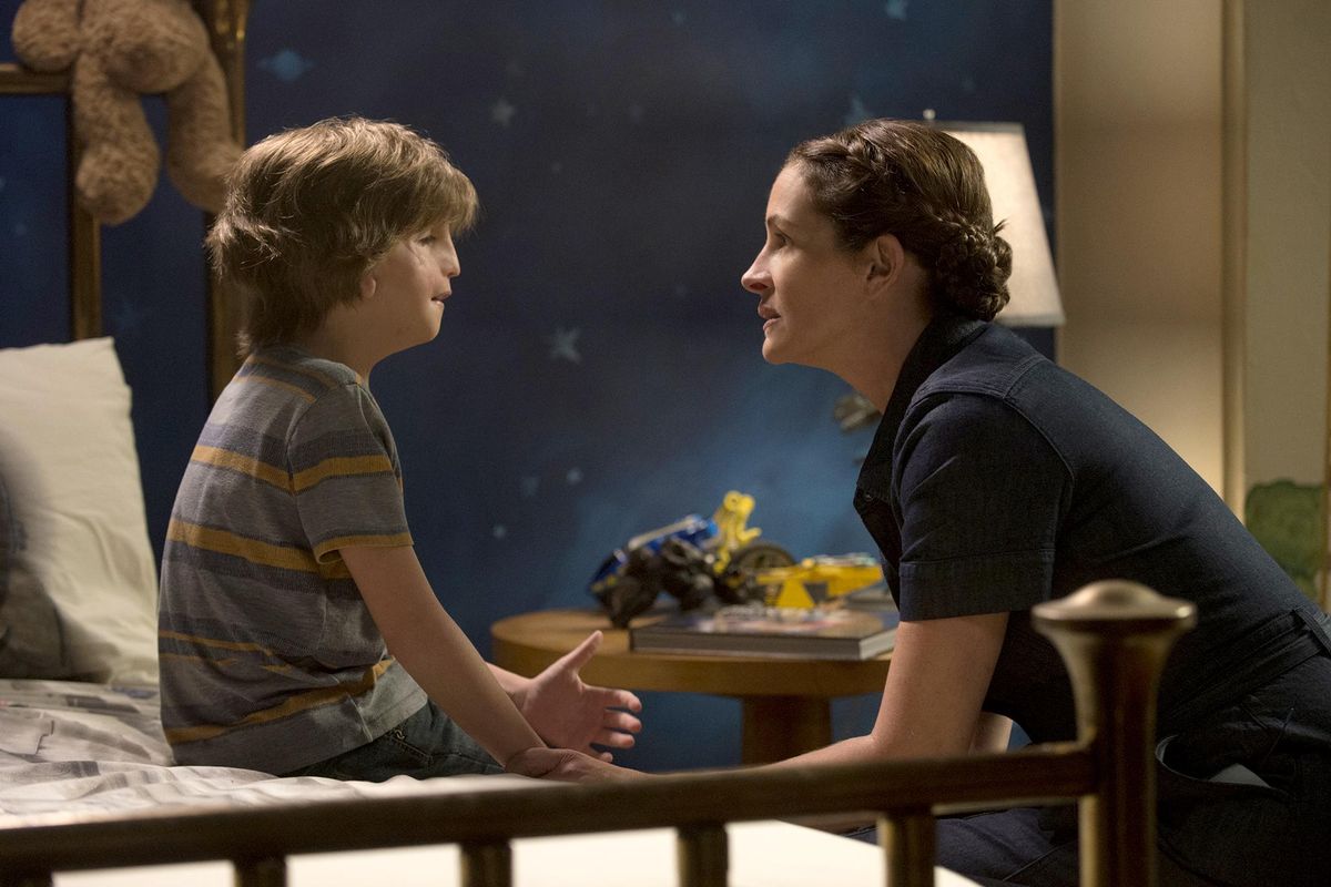 Jacob Tremblay and Julia Roberts as Auggie and his mother in “Wonder.” (Dale Robinette / Lionsgate)
