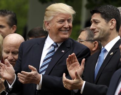 In this May 4, 2017  photo, President Donald Trump talks to House Speaker Paul Ryan of Wis. in the Rose Garden of the White House in Washington after the House pushed through a health care bill. Womens groups are threatening to take the Trump administration to court after a leaked draft regulation revealed a plan to let employers opt out of providing no-cost birth control to women for religious and moral reasons. (Evan Vucci / Associated Press)