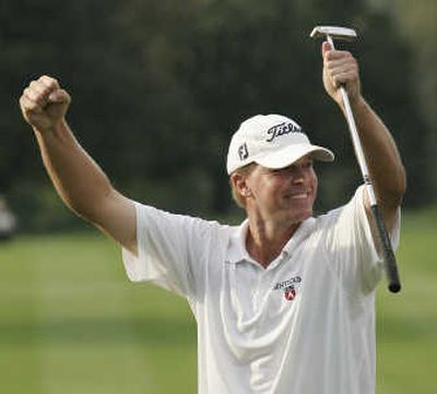 Steve Stricker celebrates after sinking a putt on the 18th hole to win The Barclays golf tournament. Associated Press
(Associated Press / The Spokesman-Review)
