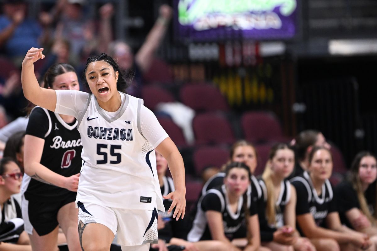 Gonzaga Bulldogs forward Zeryhia Aokuso (55) celebrates after hitting a three against Santa Clara Broncos guard Maia Jones (0) during the first half of the WCC Tournament women’s semifinal basketball game on Monday, Mar 9, 2026, at the Orleans Arena in Las Vegas, Nev.  (Tyler Tjomsland/The Spokesman-Review)