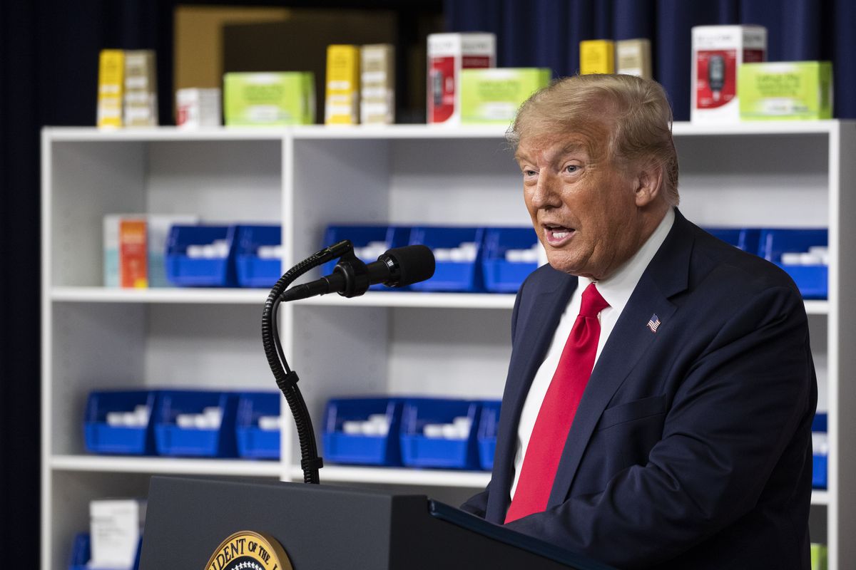 President Donald Trump speaks during an event to sign executive orders on lowering drug prices, in the South Court Auditorium in the White House complex, Friday, July 24, 2020, in Washington.  (Alex Brandon/Associated Press)