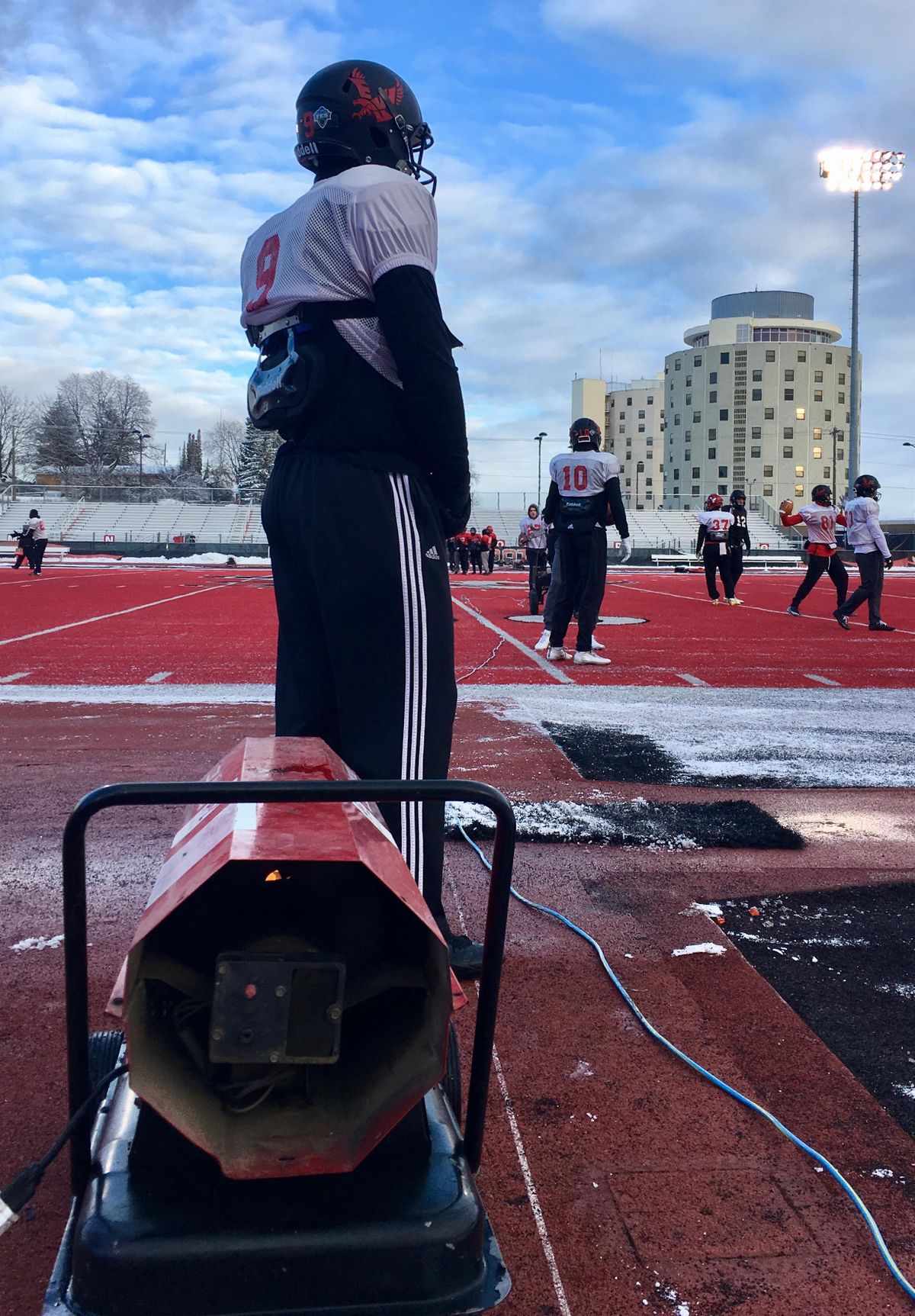 Heaters are on the sidelines for EWU practices, but few players take advantage of them. (Jim Allen / The Spokesman-Review)